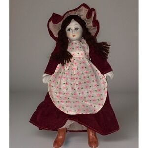 Vintage Porcelain Doll Dutch Ragdoll Velvet Dress Brunette Bonnet Collectible 8"